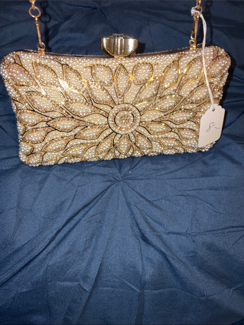 Gold Pearl & Crystal Floral Evening Clutch with Chain Strap - Picture 5 of 6